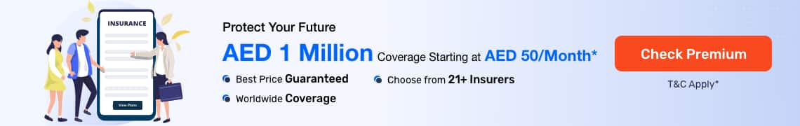 Banner for Compare life insurance from 21+ insurers for 1 Million AED coverage at 50 AED/month with best price guarantee