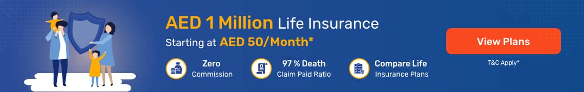 Banner for Zero commission life insurance with 97% claim payout ratio - Compare AED 1 Million coverage plans